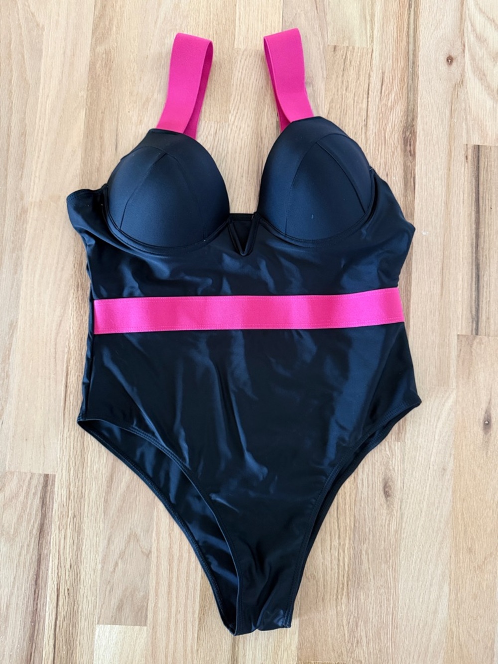 SHEIN Black One-Piece Swimsuit with Hot Pink Straps and Waistband